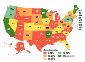 Map of US showing recycling rates by state