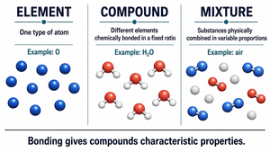Diagram comparing elements, compounds, and mixtures
