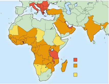 Map showing overlap of sickle-cell allele frequency and malaria distribution