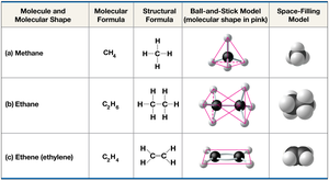 Molecular models of methane, ethane, and ethylene