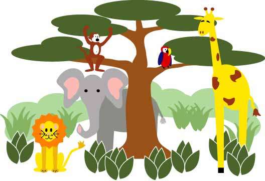 Cartoon of a diverse animal community in a savanna