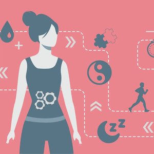 Illustration of factors affecting metabolism: activity, sleep, genetics, etc.