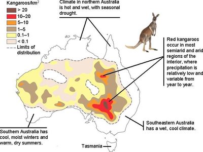 Map showing kangaroo distribution and climate zones in Australia