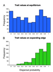 Histogram showing trait values at equilibrium and expanding edge