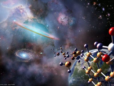 Artistic representation of elements forming in stars and spreading through the universe