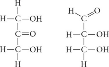 Two sugar molecules with different arrangements of atoms