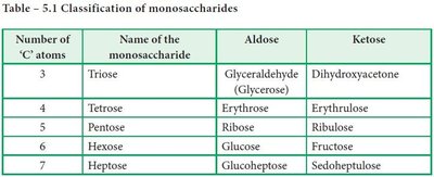Table of monosaccharide classification by carbon number, aldose, and ketose