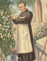 Mendel tending pea plants