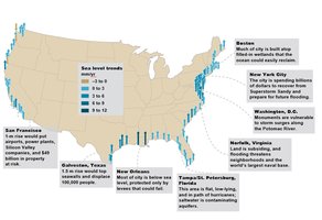 Map of US showing sea level trends and vulnerable cities