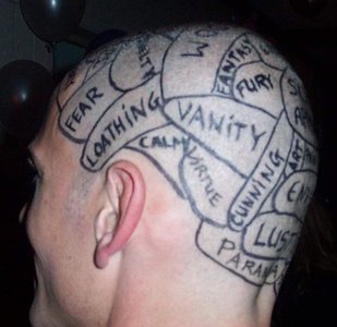 Phrenology diagram on a human head