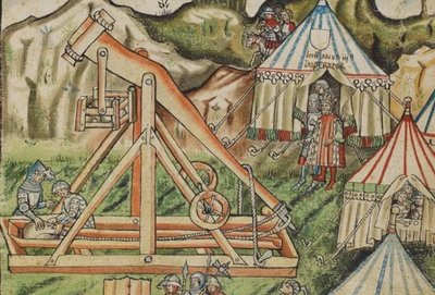 Medieval depiction of siege weapon (catapult)