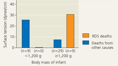 Graph showing relationship between surface tension and body mass in infants with RDS