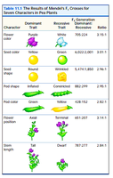 Table of Mendel's F1 crosses for seven characters in pea plants