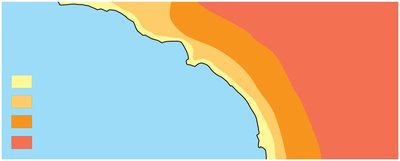 Map showing temperature regulation by water near coast