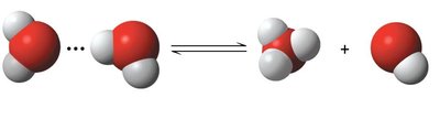 Dissociation of water into hydronium and hydroxide ions