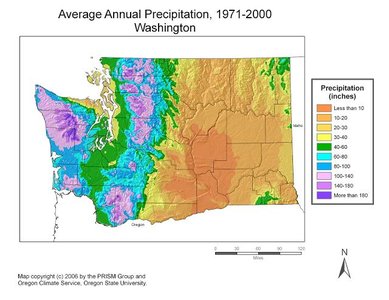 Precipitation map of Washington state showing rain shadow