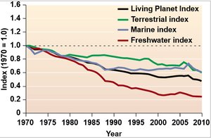 Graph showing decline in biodiversity indices from 1970 to 2010