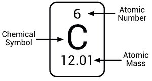 Atomic number, chemical symbol, and atomic mass for carbon