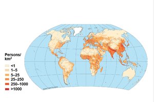 World map showing human population density