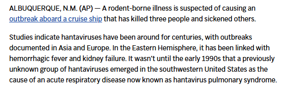 News article excerpt on hantavirus outbreak and history