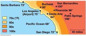 Map showing temperature moderation by water near the coast