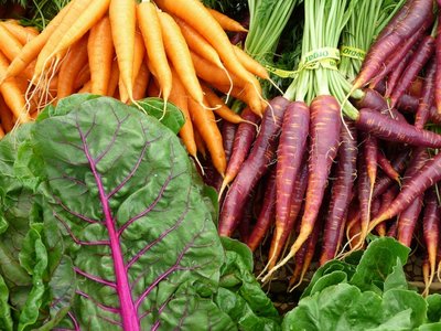 Carrots and leafy greens at a market