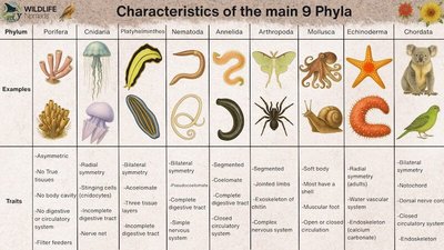 Table comparing the main 9 animal phyla, their examples, and traits