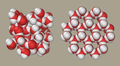 Water molecules in liquid vs. solid (ice)