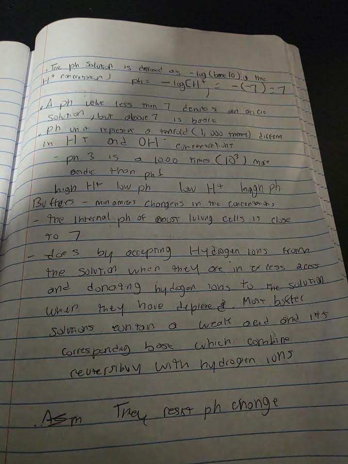 Handwritten notes explaining pH, buffers, and acid-base balance