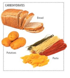 Common carbohydrate foods: bread, potatoes, pasta