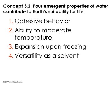 List of four emergent properties of water