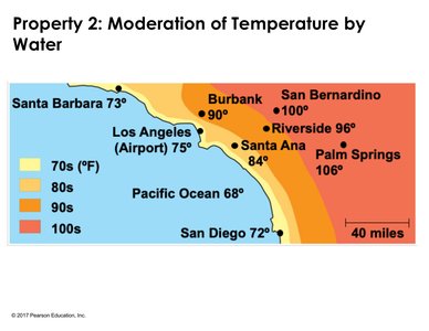 Map showing moderation of temperature by water in coastal California