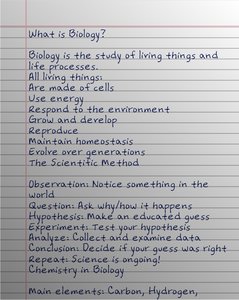 Handwritten notes on the definition and characteristics of biology, and the scientific method