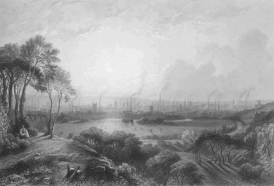 Engraving of Manchester during the Industrial Revolution, showing urbanization and pollution
