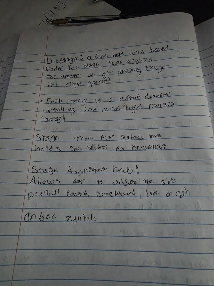 Handwritten notes describing microscope parts: diaphragm, stage, stage adjustment knob, on/off switch