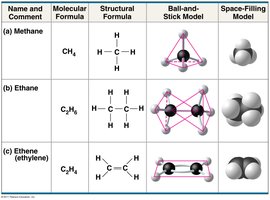 Structural, ball-and-stick, and space-filling models of methane, ethane, and ethene