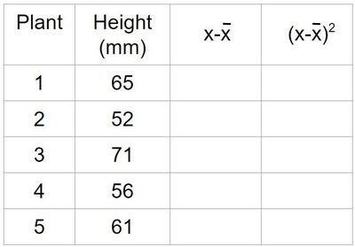 Table of tomato plant heights and deviations
