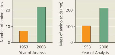 Bar graphs showing increased number and mass of amino acids detected in 2008 analysis compared to 1953