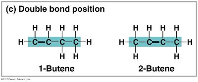 Double bond position in hydrocarbons: 1-butene and 2-butene