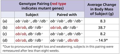 Experimental data table for ob and db gene pairings
