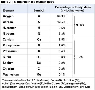 Table of elements in the human body