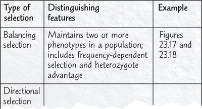 Table comparing types of selection: balancing and directional