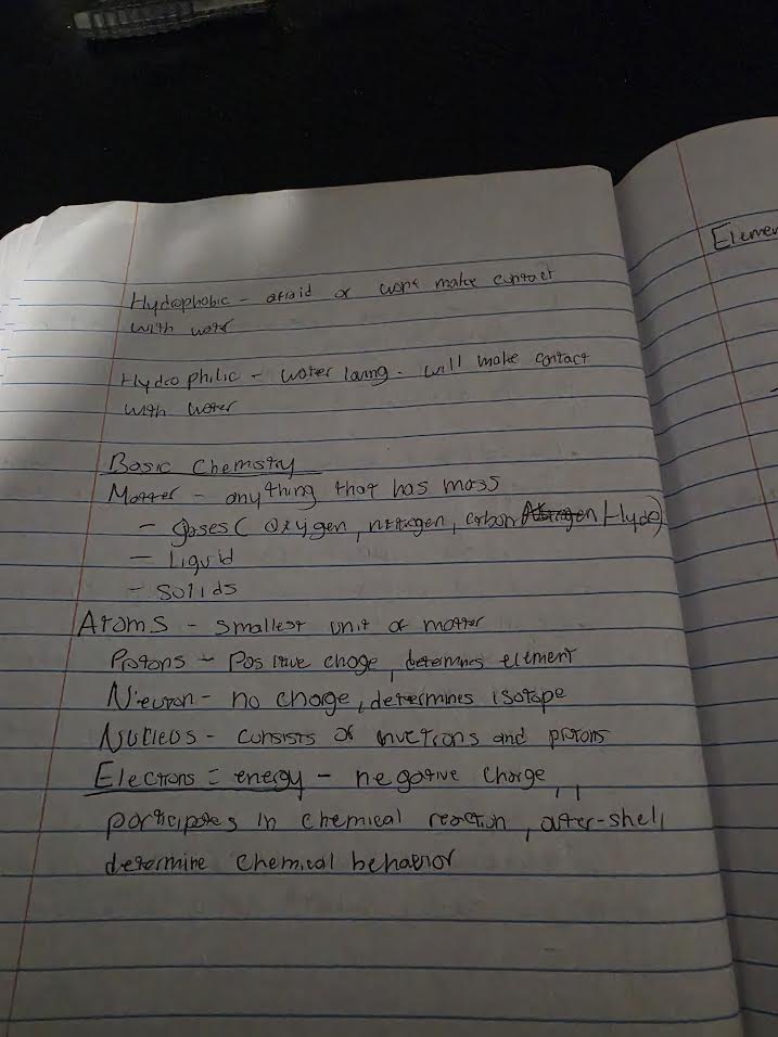 Handwritten notes on basic chemistry and atomic structure