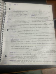 Handwritten notes covering Chapter 2 concepts: elements, atoms, chemical bonds, and reactions