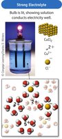 Strong electrolyte: bulb is lit, showing solution conducts electricity well
