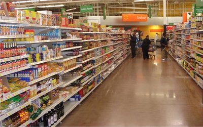 Supermarket aisle illustrating the origin of food from photosynthesis