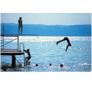 Diver demonstrating conversion between potential and kinetic energy