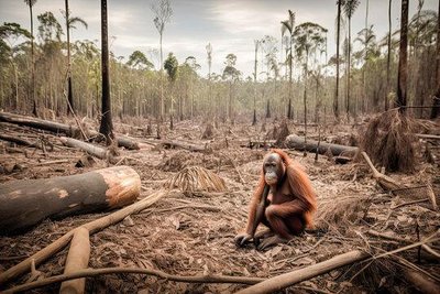 Orangutan in a deforested landscape
