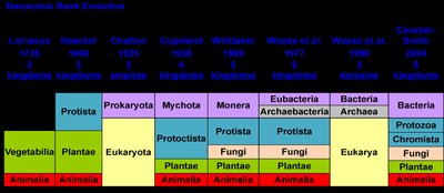 Evolution of taxonomic rank from two kingdoms to six kingdoms and three domains