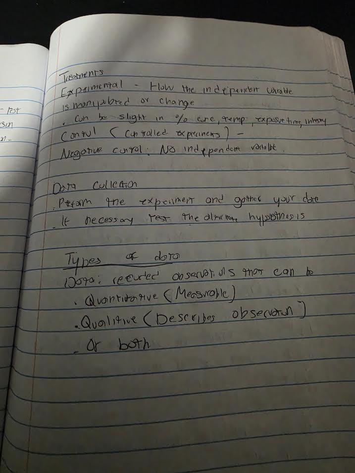 Handwritten notes on experimental treatments and data collection